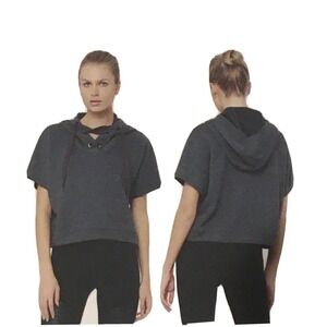 Alo Yoga Womens M Short Sleeve Cropped Hoodie Charcoal Grey Lace Up Sweatshirt